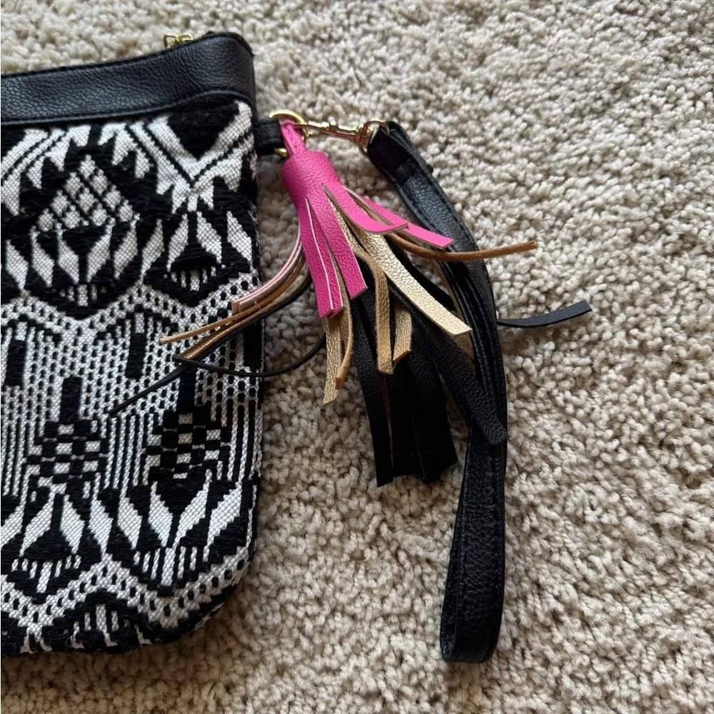 Black and White Patterned Clutch Purse with Pink Tassel Accent for Women EUC